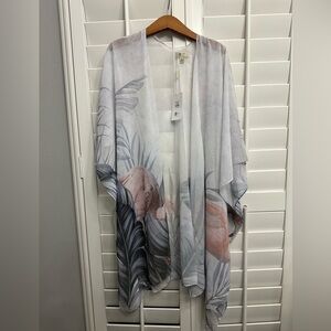 JC Sunny Lightweight Kimono Flamingo Tropical Leaf Print Grey Pink‎ OS JC091730